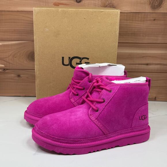 UGG Neumel Suede Pink Chukka Boots Lace up Kids Big Girl Size 4 - Picture 1 of 16